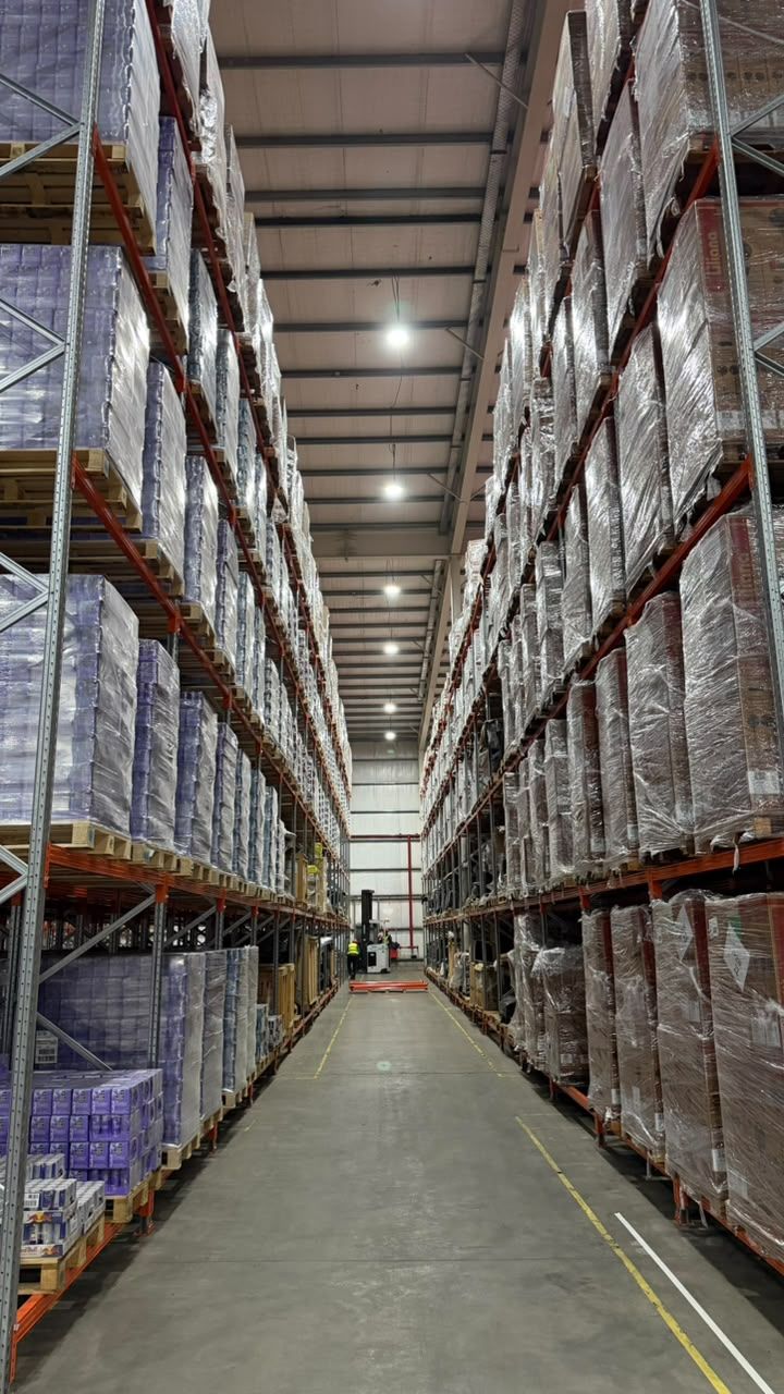 Pasillo del depósito con racks altos
